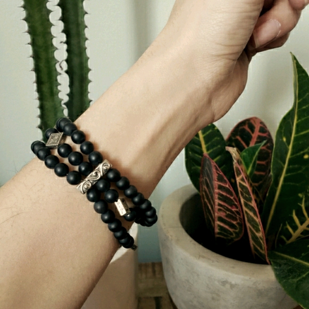 Matte Black Onyx Triple Strand Bracelet
